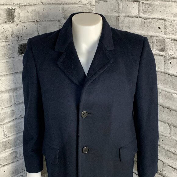 Aquascutum London Vintage 90s Cashmere Wool Overcoat Medium Navy Trench Coat - Picture 2 of 16